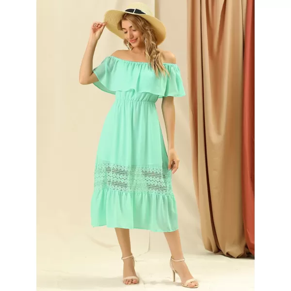 Allegra K Women's Off The Shoulder Ruffle Sleeve Lace Insert Beach Chiffon Midi Dress