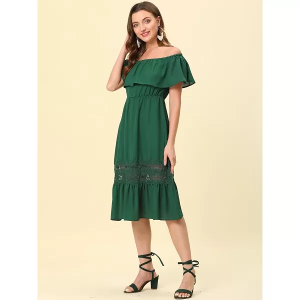 Allegra K Women's Off The Shoulder Ruffle Sleeve Lace Insert Beach Chiffon Midi Dress