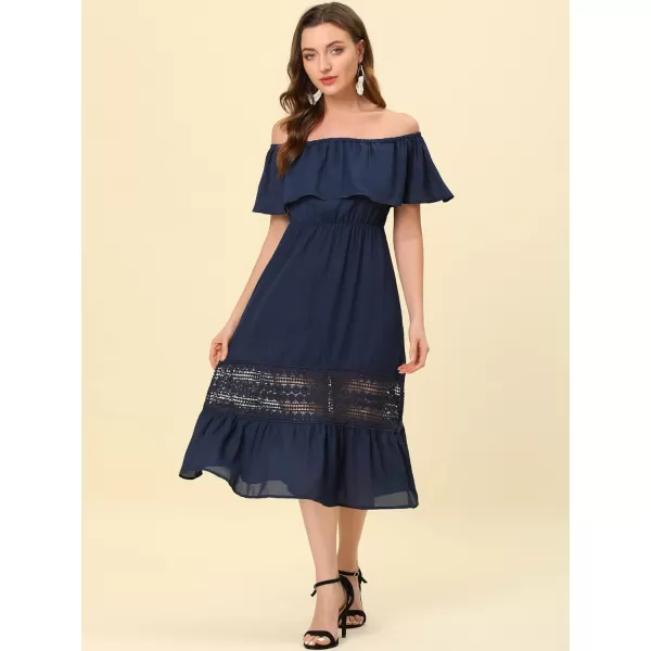 Allegra K Women's Off The Shoulder Ruffle Sleeve Lace Insert Beach Chiffon Midi Dress