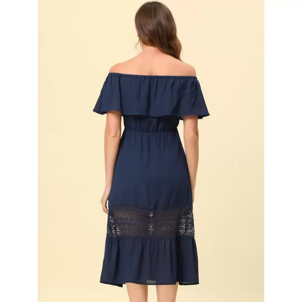 Allegra K Women's Off The Shoulder Ruffle Sleeve Lace Insert Beach Chiffon Midi Dress
