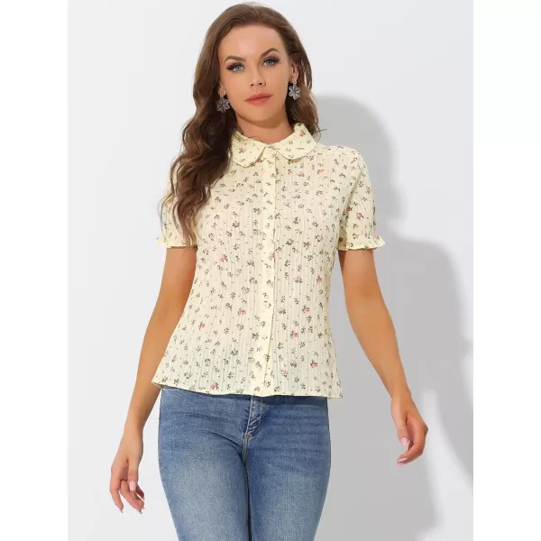 Allegra K Women's Peter Pan Blouse Frilled Short Sleeve Floral Cotton Top