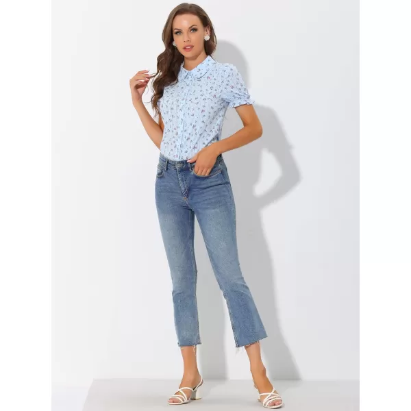 Allegra K Women's Peter Pan Blouse Frilled Short Sleeve Floral Cotton Top