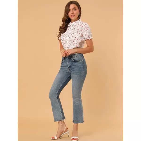 Allegra K Women's Peter Pan Blouse Frilled Short Sleeve Floral Cotton Top