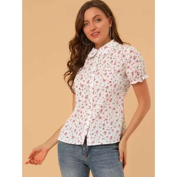 Allegra K Women's Peter Pan Blouse Frilled Short Sleeve Floral Cotton Top