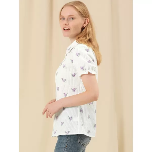 Allegra K Women's Peter Pan Blouse Frilled Short Sleeve Floral Cotton Top