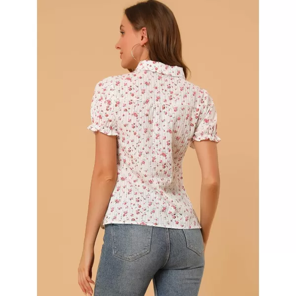 Allegra K Women's Peter Pan Blouse Frilled Short Sleeve Floral Cotton Top