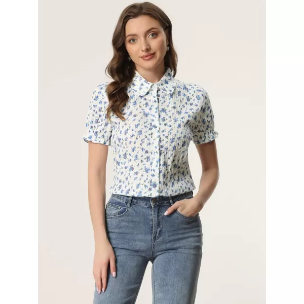 Allegra K Women's Peter Pan Blouse Frilled Short Sleeve Floral Cotton Top