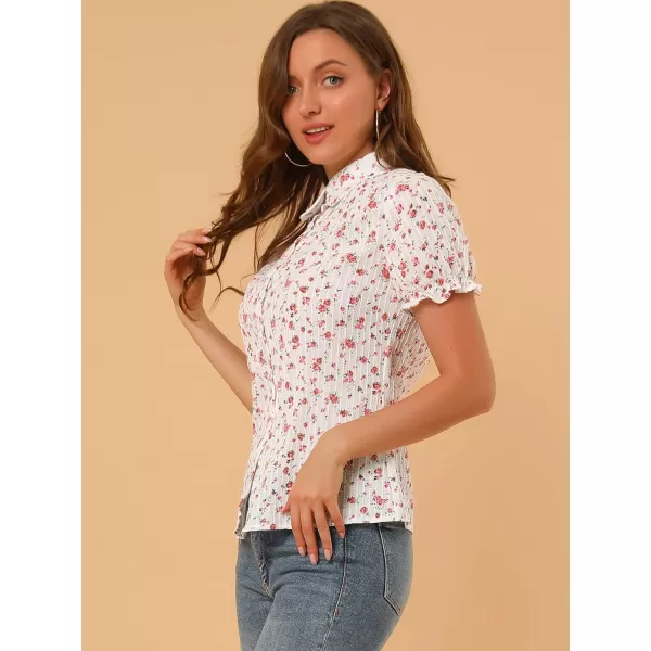Allegra K Women's Peter Pan Blouse Frilled Short Sleeve Floral Cotton Top