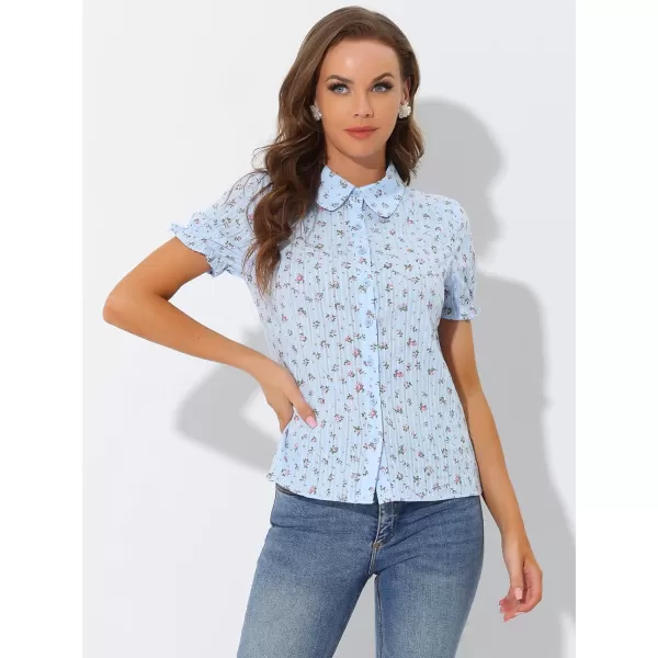 Allegra K Women's Peter Pan Blouse Frilled Short Sleeve Floral Cotton Top