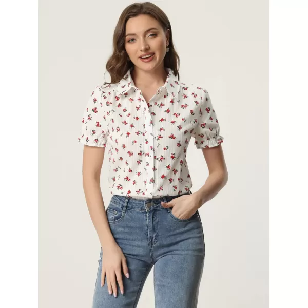 Allegra K Women's Peter Pan Blouse Frilled Short Sleeve Floral Cotton Top