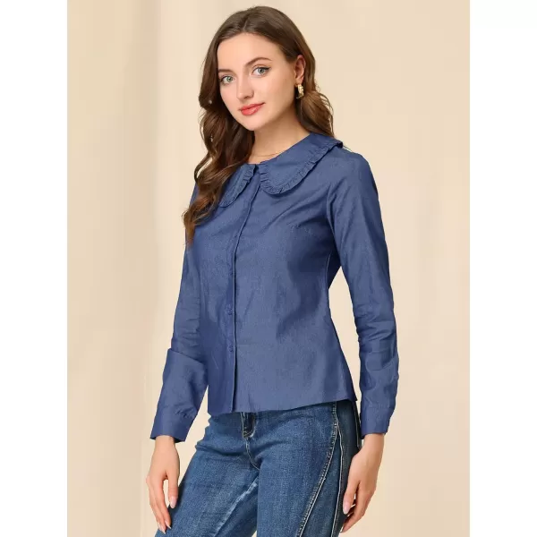 Allegra K Women's Peter Pan Collar Ruffled Button Down Denim Shirt