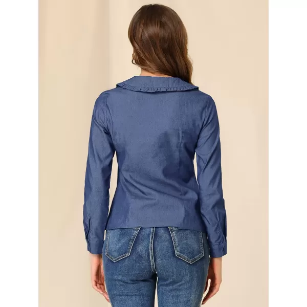 Allegra K Women's Peter Pan Collar Ruffled Button Down Denim Shirt