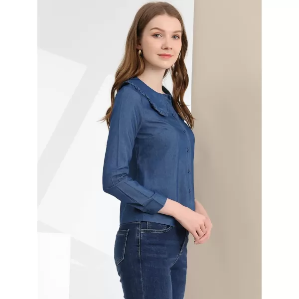 Allegra K Women's Peter Pan Collar Ruffled Button Down Denim Shirt