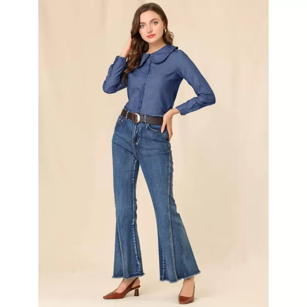 Allegra K Women's Peter Pan Collar Ruffled Button Down Denim Shirt