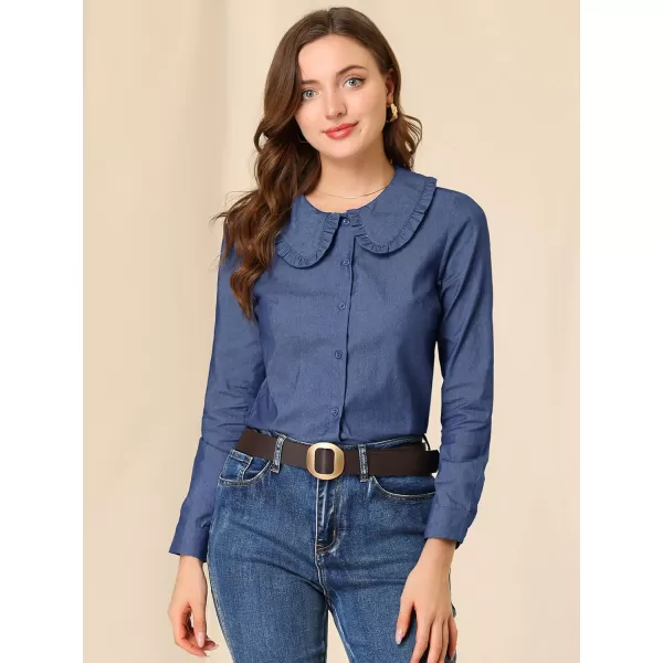 Allegra K Women's Peter Pan Collar Ruffled Button Down Denim Shirt