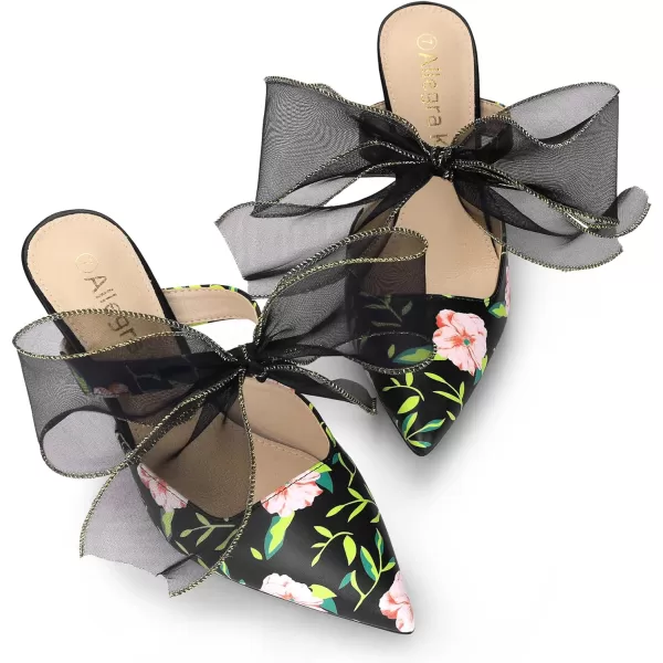 Allegra K Women's Pointed Toe Lace Bow Floral Printed Stiletto Heels Mules