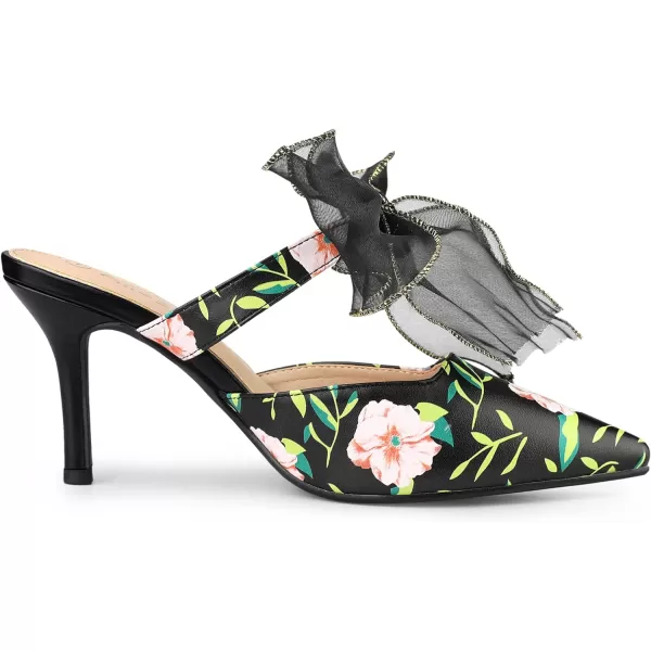 Allegra K Women's Pointed Toe Lace Bow Floral Printed Stiletto Heels Mules