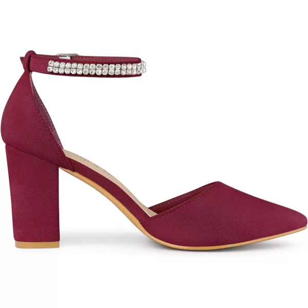 Allegra K Women's Pointed Toe Rhinestone Ankle Strap Chunky Heels Pumps