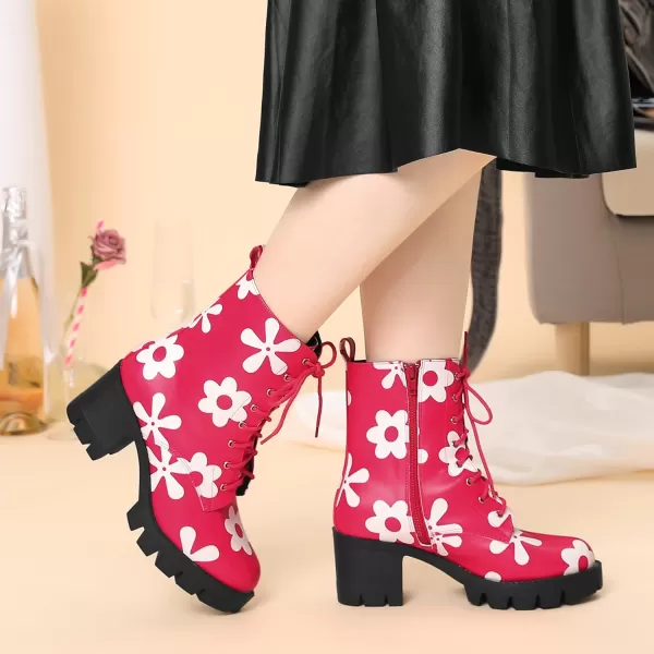 Allegra K Women's Printed Platform Round Toe Lace Up Chunky Heel Combat Boots