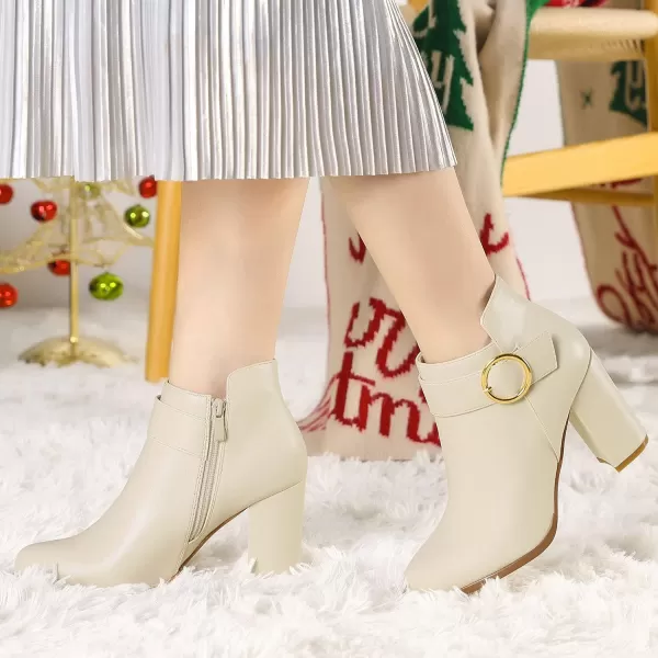 Allegra K Women's Round Toe Circle Buckle Chunky Heels Ankle Boots