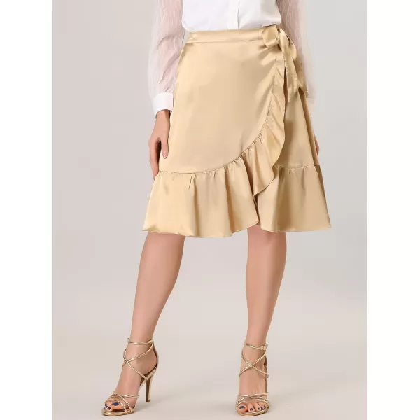 Allegra K Women's Ruffle Satin High Waist Tie Wrap Asymmetrical Midi Skirt