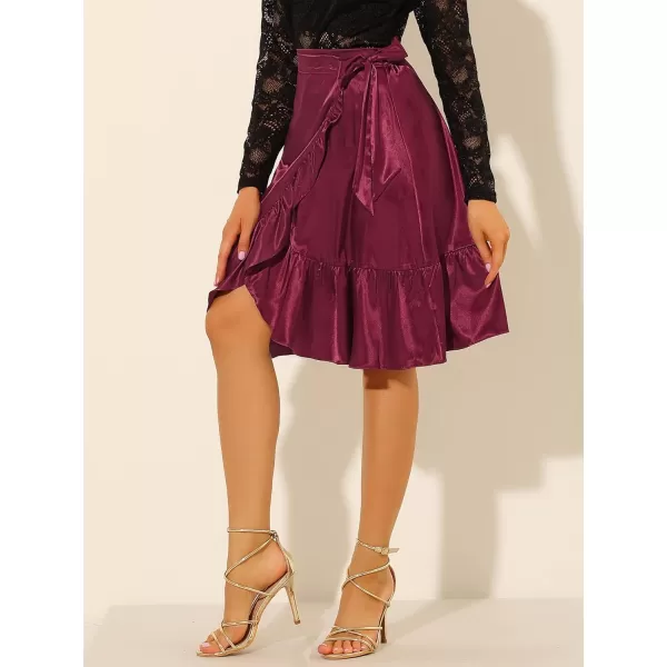 Allegra K Women's Ruffle Satin High Waist Tie Wrap Asymmetrical Midi Skirt