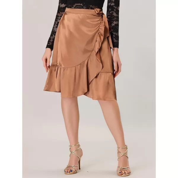 Allegra K Women's Ruffle Satin High Waist Tie Wrap Asymmetrical Midi Skirt