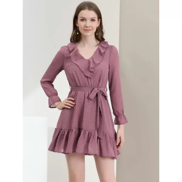 Allegra K Women's Ruffle V Neck Pom Pom Belted A-Line Valentine's Day Chiffon Dress