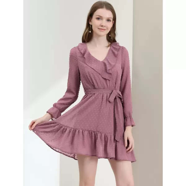 Allegra K Women's Ruffle V Neck Pom Pom Belted A-Line Valentine's Day Chiffon Dress