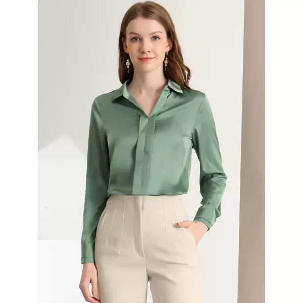 Allegra K Women's Satin Blouse Elegant V Neck Long Sleeve Silky Office Work Shirt