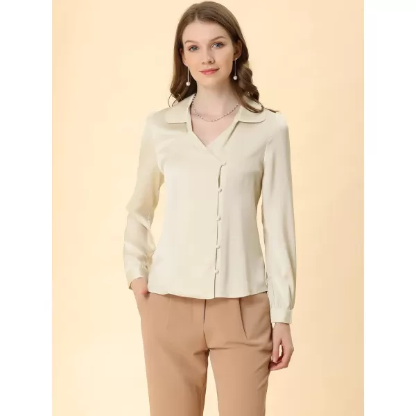 Allegra K Women's Satin Blouse Long Sleeve Lapel V-Neck Elegant Office Work Shirt