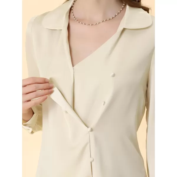 Allegra K Women's Satin Blouse Long Sleeve Lapel V-Neck Elegant Office Work Shirt