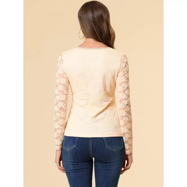 Allegra K Women's Sheer Long Sleeves Flower Embroidery Lace Top