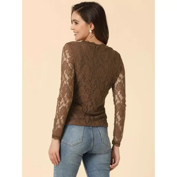 Allegra K Women's Sheer Long Sleeves Flower Embroidery Lace Top