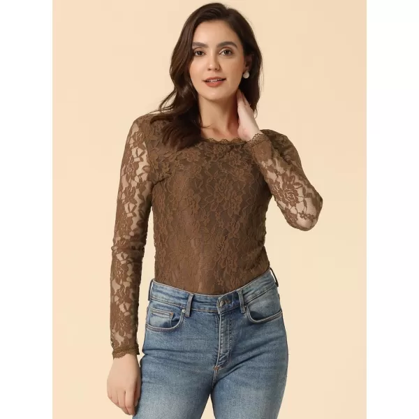 Allegra K Women's Sheer Long Sleeves Flower Embroidery Lace Top