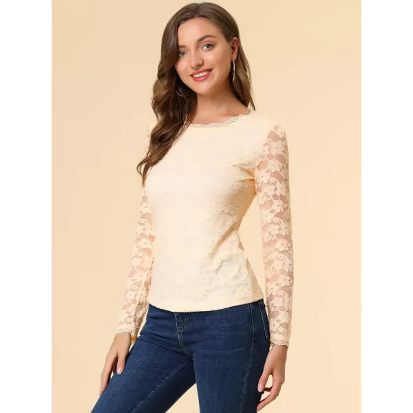 Allegra K Women's Sheer Long Sleeves Flower Embroidery Lace Top