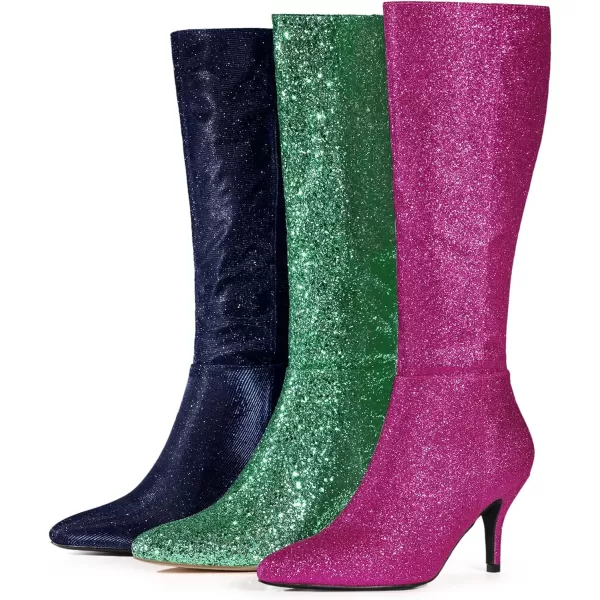 Allegra K Women's Sparkle Glitter Pointy Toe Stiletto Heel Knee High Boots