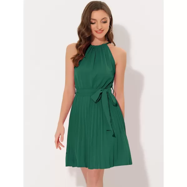 Allegra K Women's Summer Boho Dress Sleeveless Halter Neck Belted Pleated Beach Dress