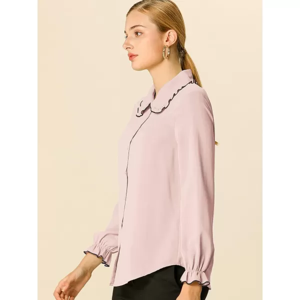 Allegra K Women's Sweet Ruffle Peter Pan Collar Long Sleeves Button Up Shirt