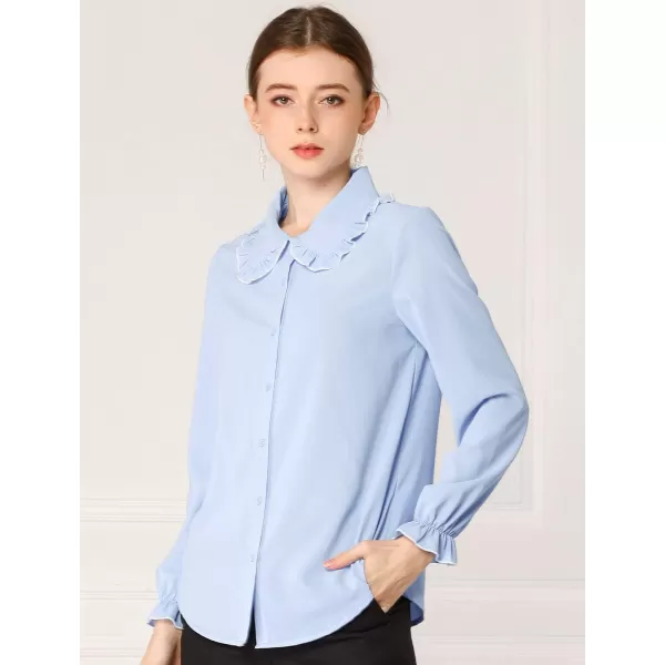 Allegra K Women's Sweet Ruffle Peter Pan Collar Long Sleeves Button Up Shirt