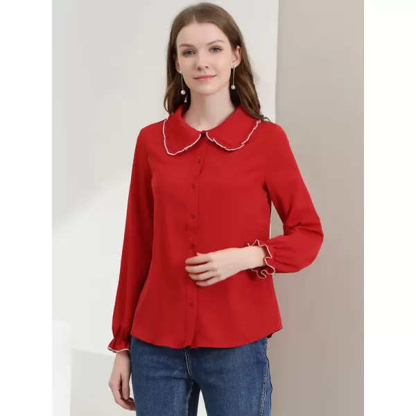 Allegra K Women's Sweet Ruffle Peter Pan Collar Long Sleeves Button Up Shirt