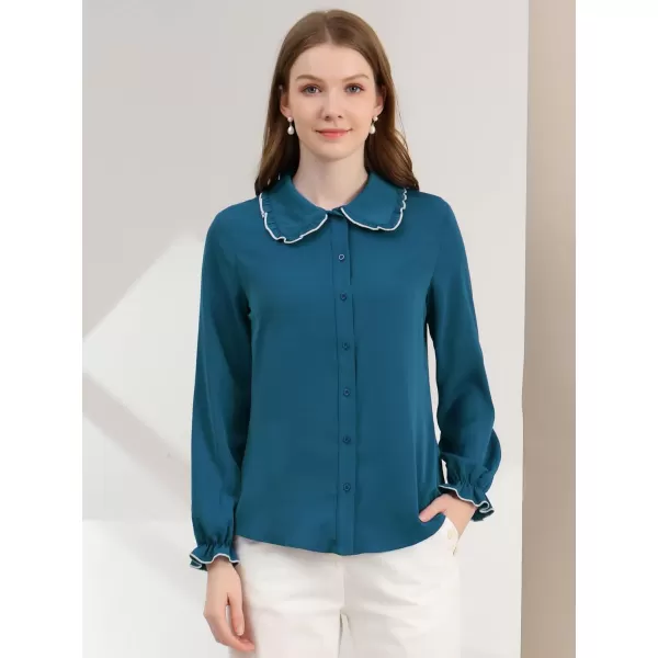 Allegra K Women's Sweet Ruffle Peter Pan Collar Long Sleeves Button Up Shirt