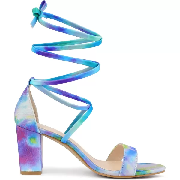 Allegra K Women's Tie Dye Lace Up Heels Strappy Chunky Heels Sandals