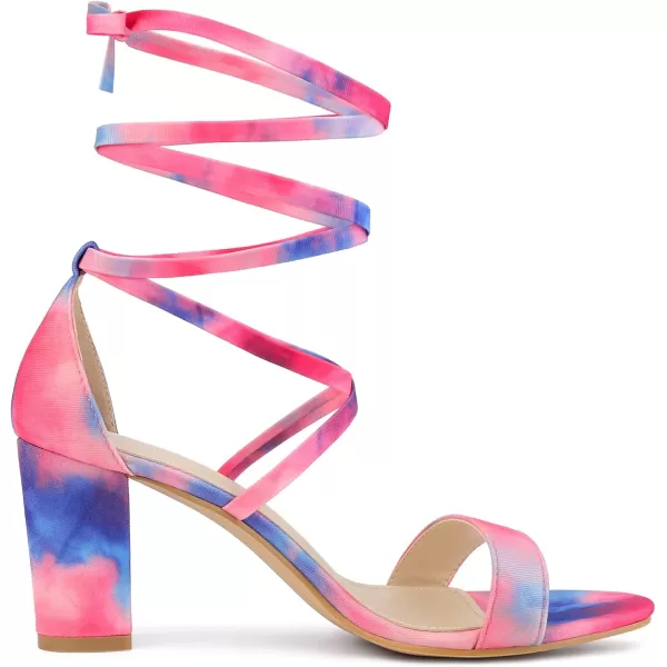 Allegra K Women's Tie Dye Lace Up Heels Strappy Chunky Heels Sandals