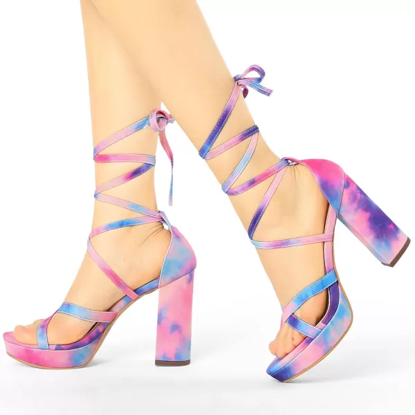 Allegra K Women's Tie Dye Platform Chunky Heel Lace Up Sandals