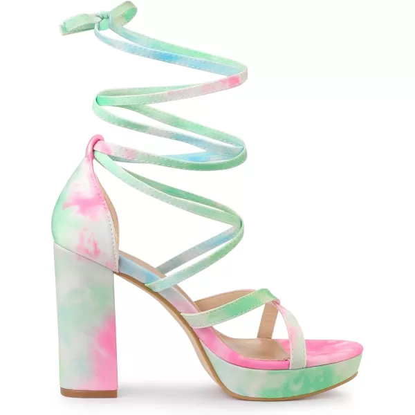 Allegra K Women's Tie Dye Platform Chunky Heel Lace Up Sandals