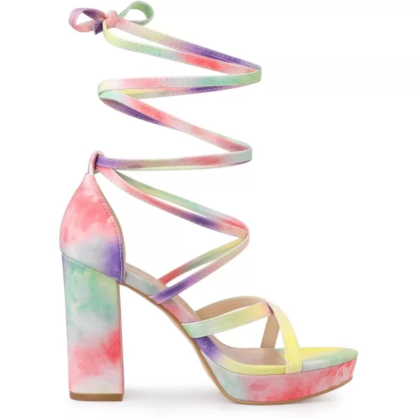 Allegra K Women's Tie Dye Platform Chunky Heel Lace Up Sandals