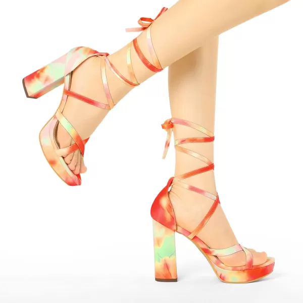 Allegra K Women's Tie Dye Platform Chunky Heel Lace Up Sandals