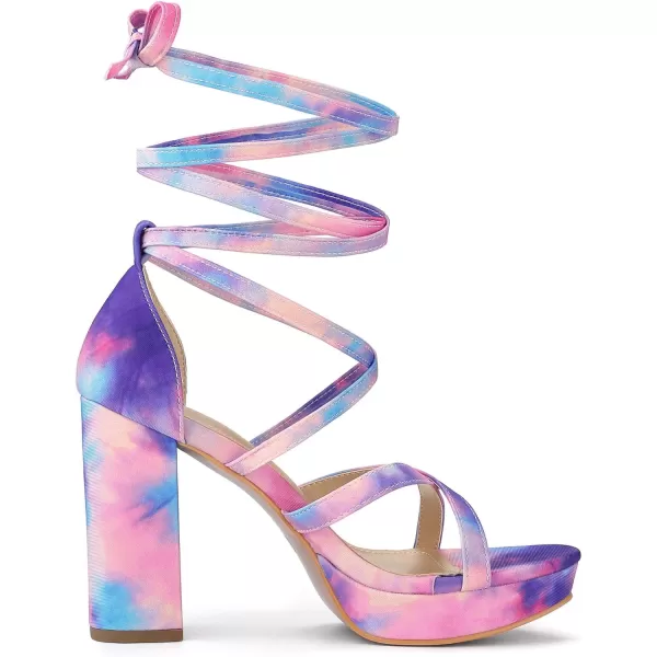 Allegra K Women's Tie Dye Platform Chunky Heel Lace Up Sandals