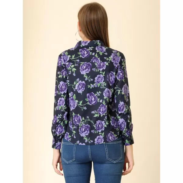Allegra K Women's Tropical Print Blouse Lapel Collar Long Sleeve Elegant Button Down Shirt